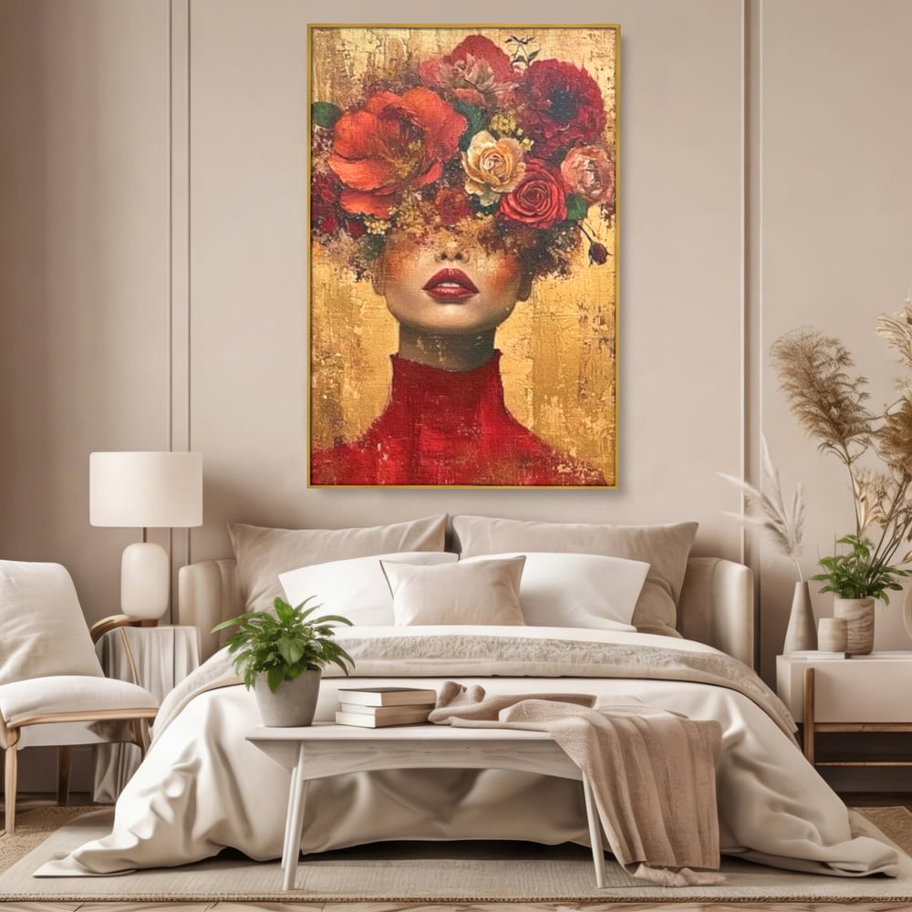 Tablou canvas cu tablou canvas cu portret de femeie si flori, in rama de aluminiu auriu, pe perete intr-un dormitor
